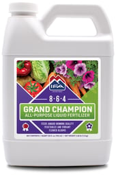 A bottle of 8-6-4 IFA Grand Champion All-Purpose Liquid Fertilizer.