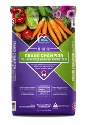 A purple and green bag of IFA's Grand Champion All-Purpose Garden Fertilizer.