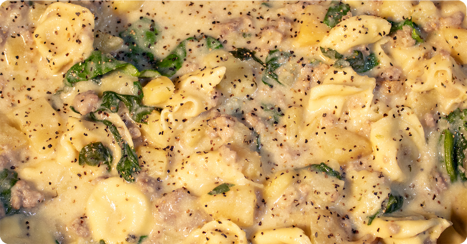 A close up photo of well-seasoned tortellini soup.
