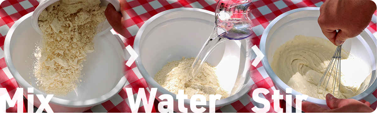 A diagram of someone pouring Honeyville Pancake mix into a bowl, adding water, and stirring the mixture.