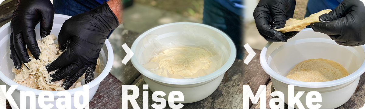 A diagram showing dough being kneaded, rising, and being formed.